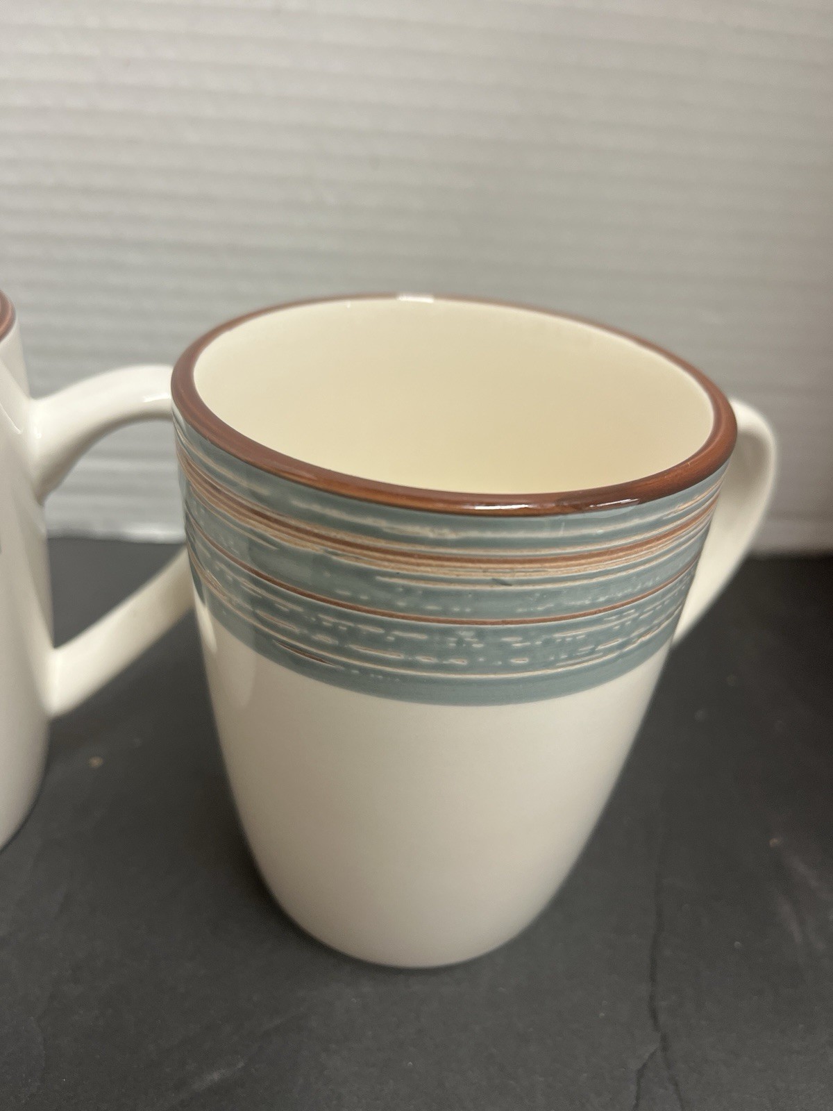 4 Citrus Grove Coffee Mugs Swirl Stripe Pottery Blue Gray Sunset