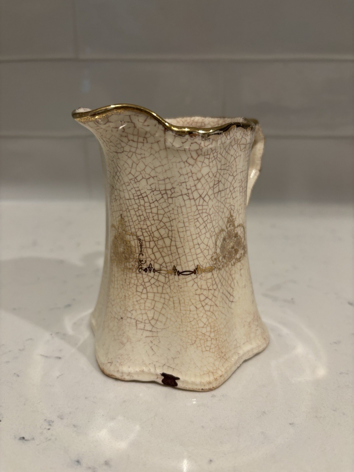 Antique White Ironstone Style Creamer Pitcher Stained Crazed Gold Transferware