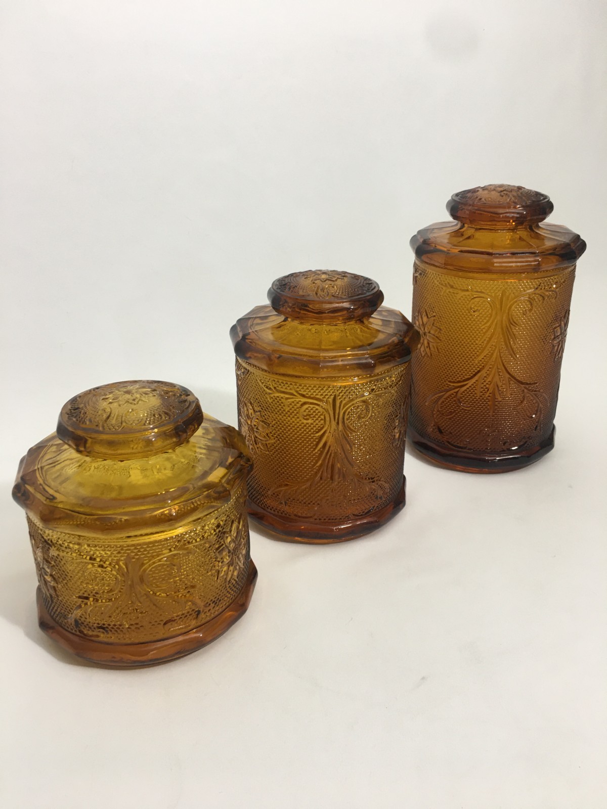 1980s TIARA Indiana Glass Amber Sandwich Pattern 3 Piece Canister Set lids NEW