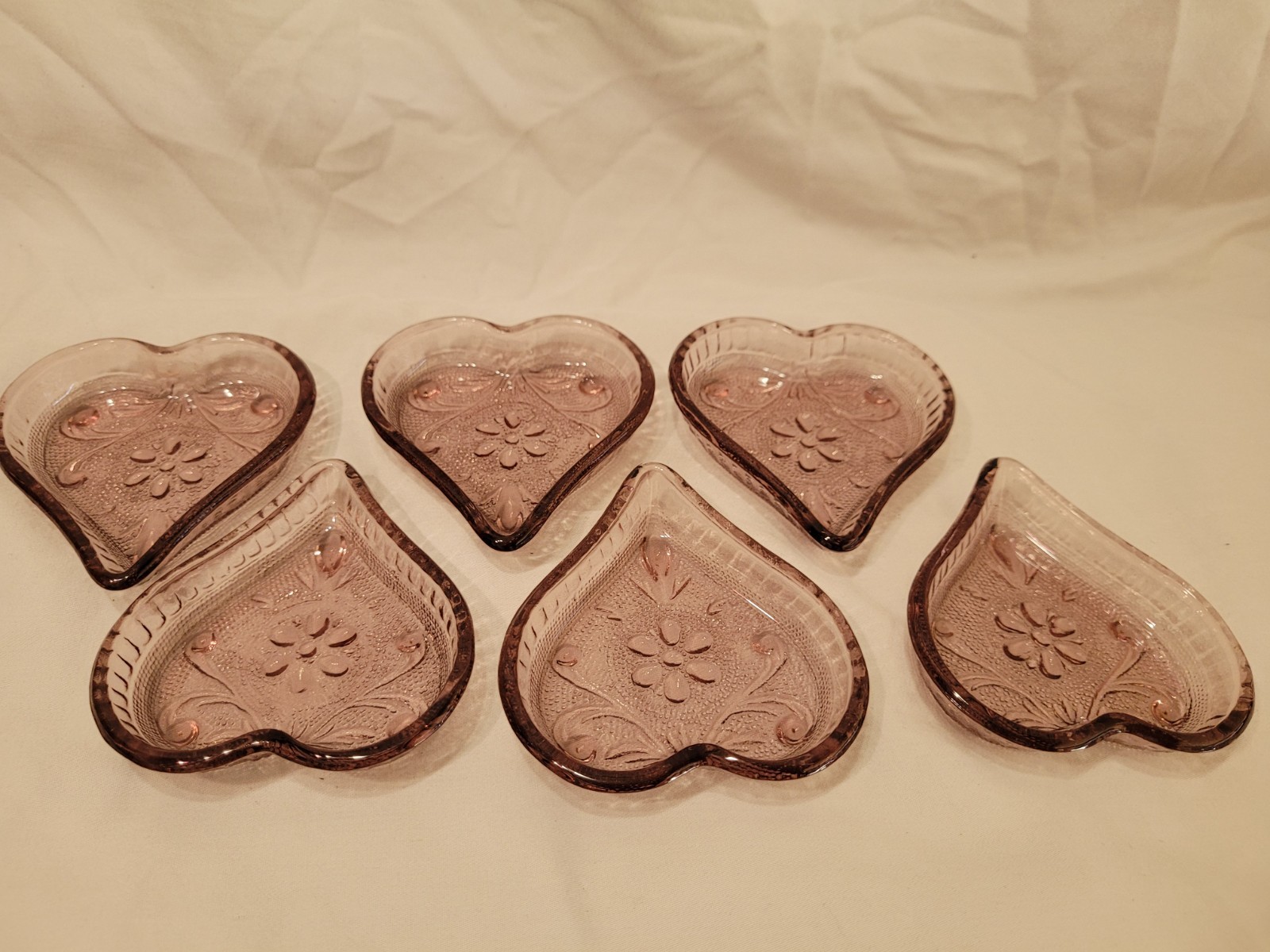 Vintage Tiara Sandwich Glass, Amethyst Purple Heart Trinket Dish Lot Of 6