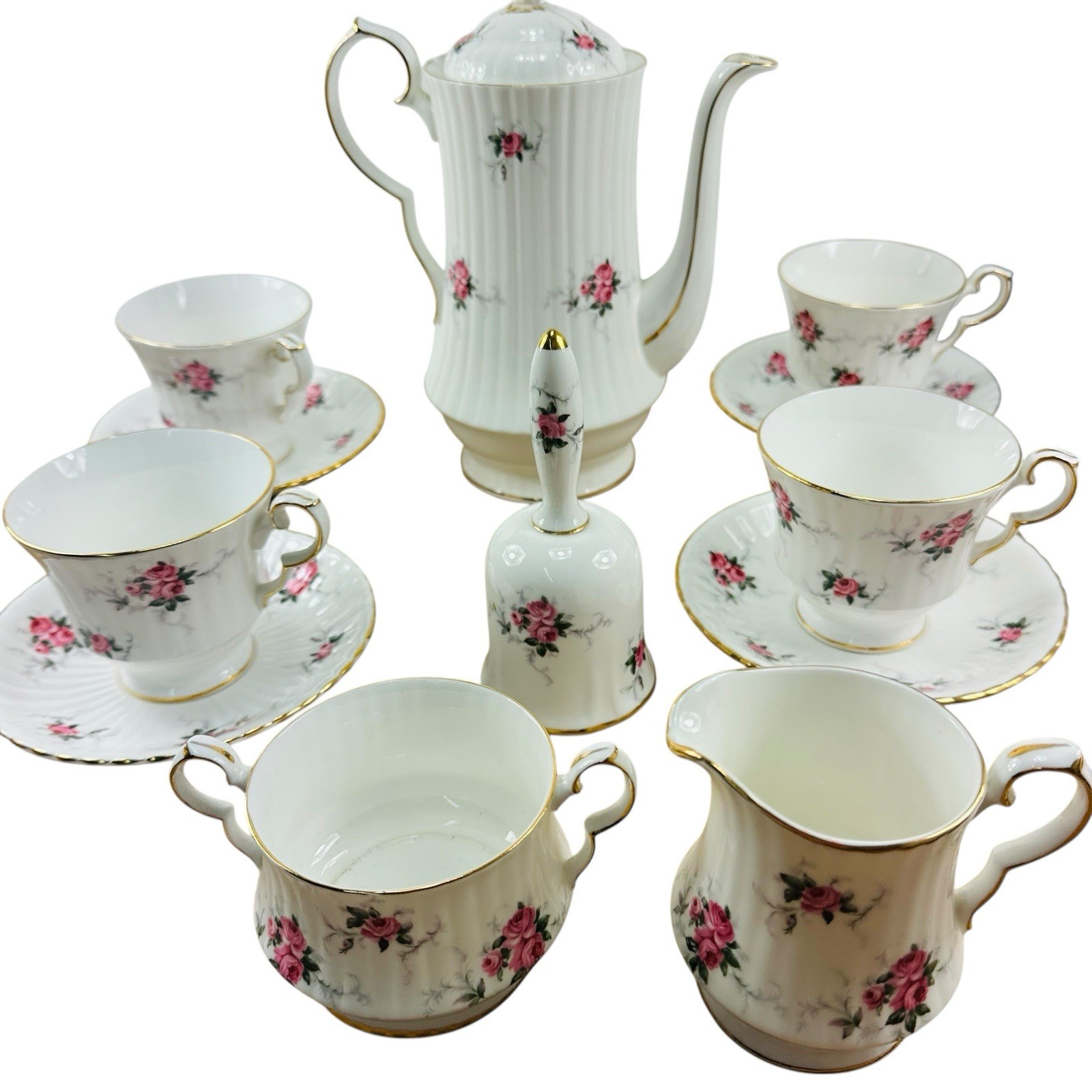 Princess Hammrsley Fine Bone China Tea Pot Creamer Sugar 4 Teacups Suacers Bell