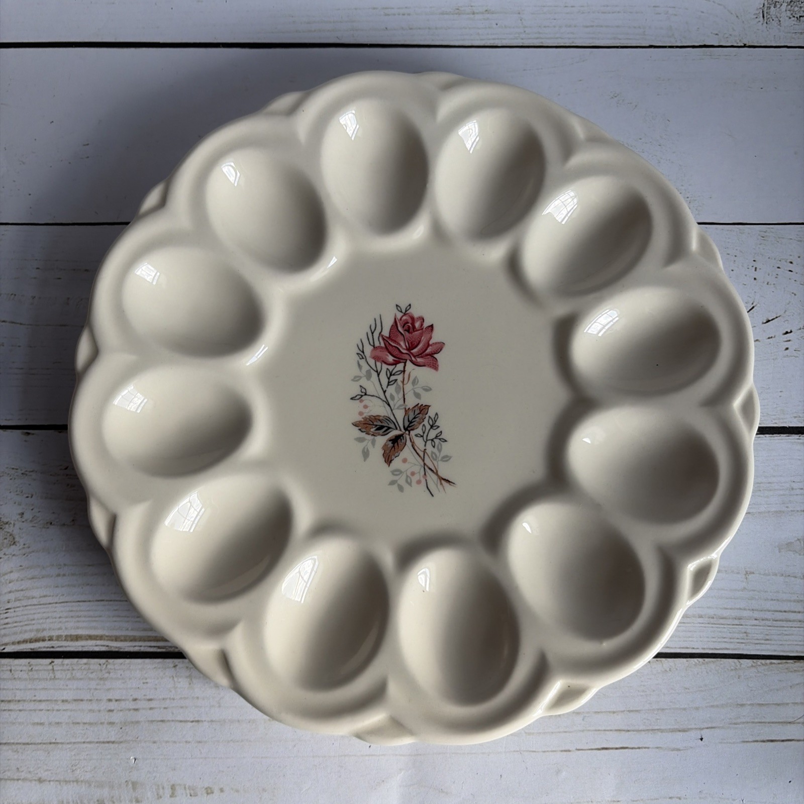 Vintage Ceramic Floral Deviled Egg Dish Plate Royal Rose Pink 9in Round