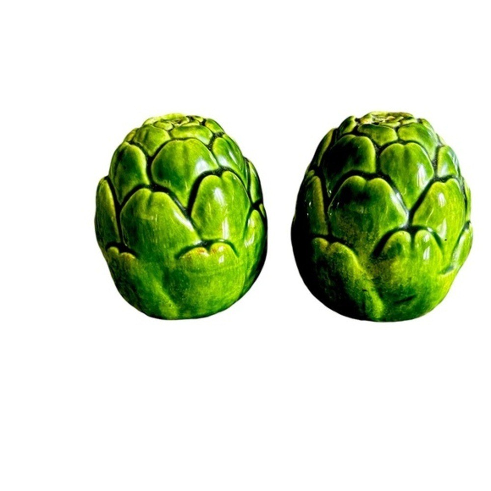 Vintage Artichoke Salt and Pepper Shakers MCM Ceramic Green 3 inches.