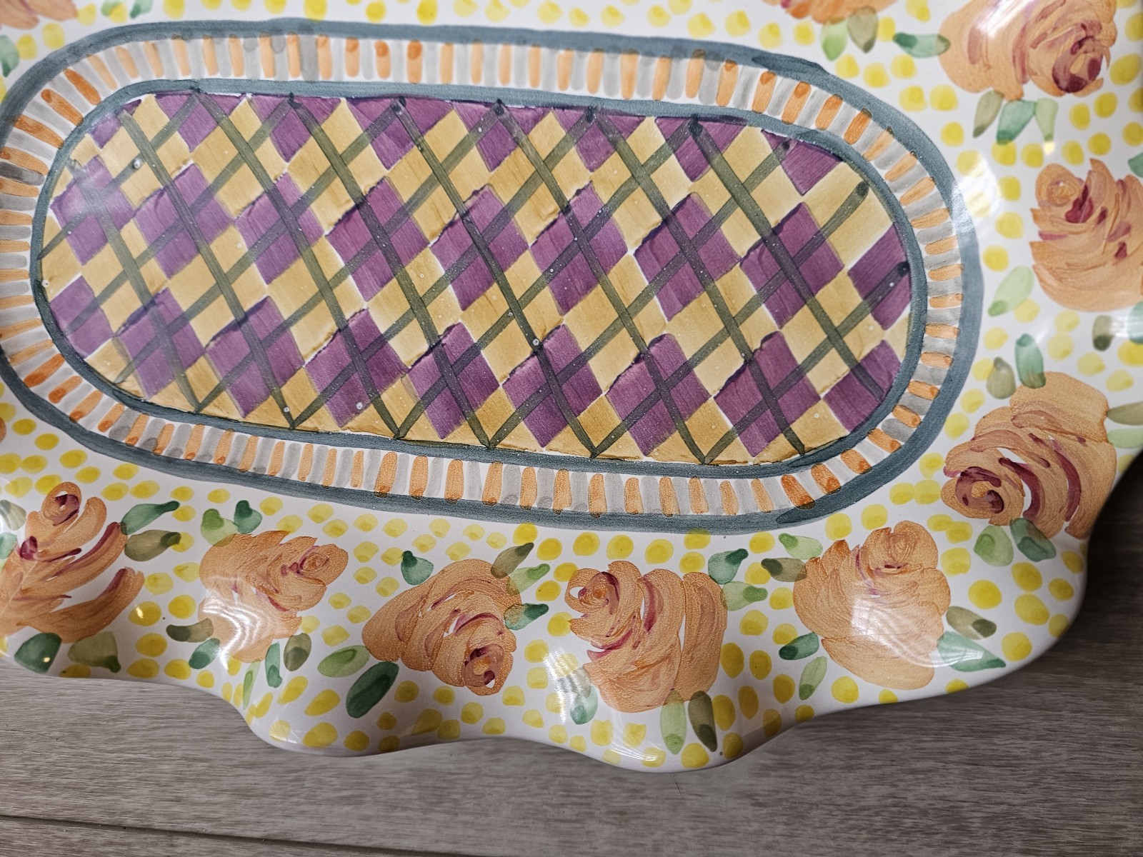 Hand Painted Large MacKenzie Childs Serving Platter Fluted Odd Fellows Retired