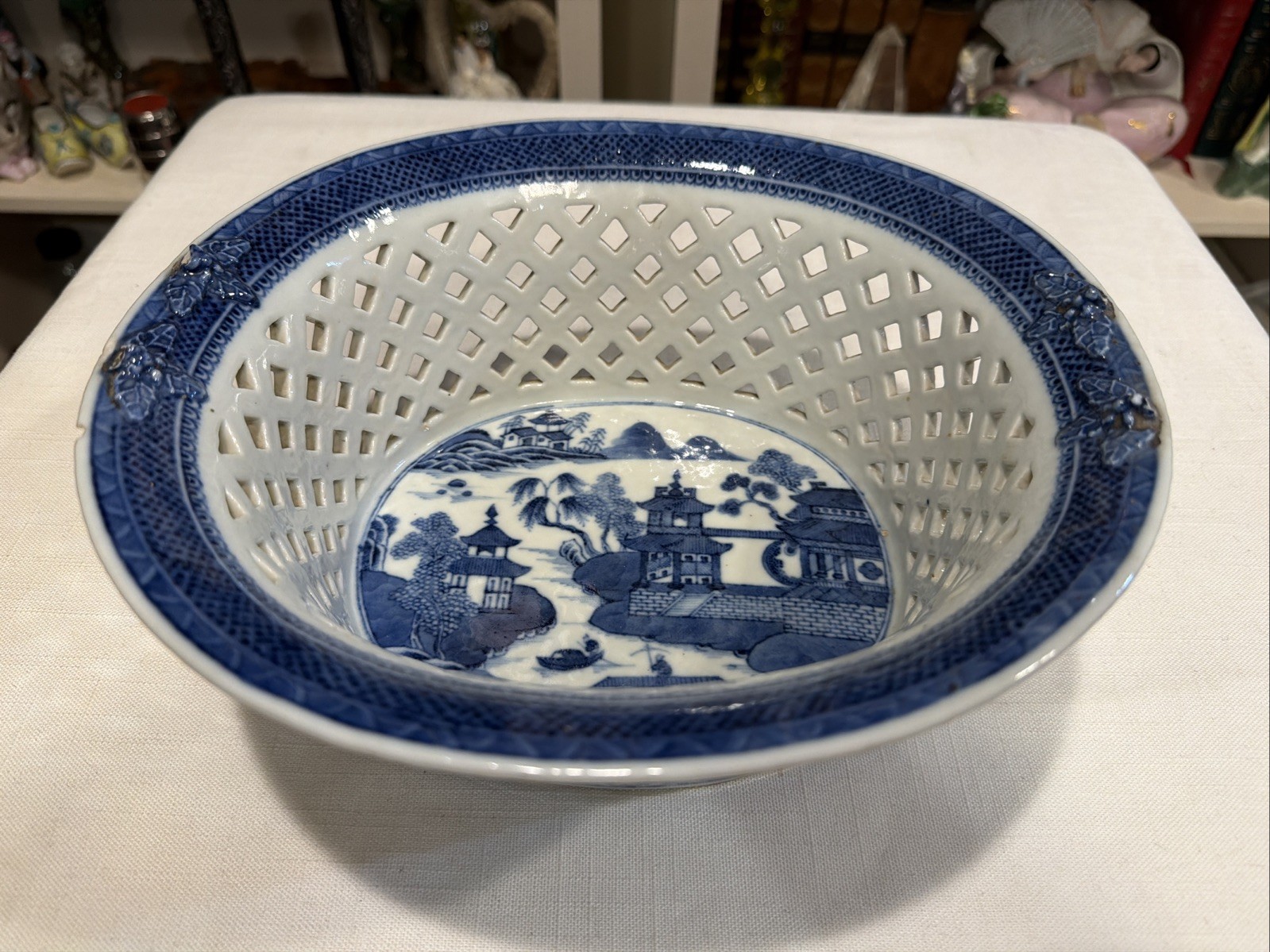 Rare Reticulated Canton Blue and White Chestnut Bowl Antique Transferware