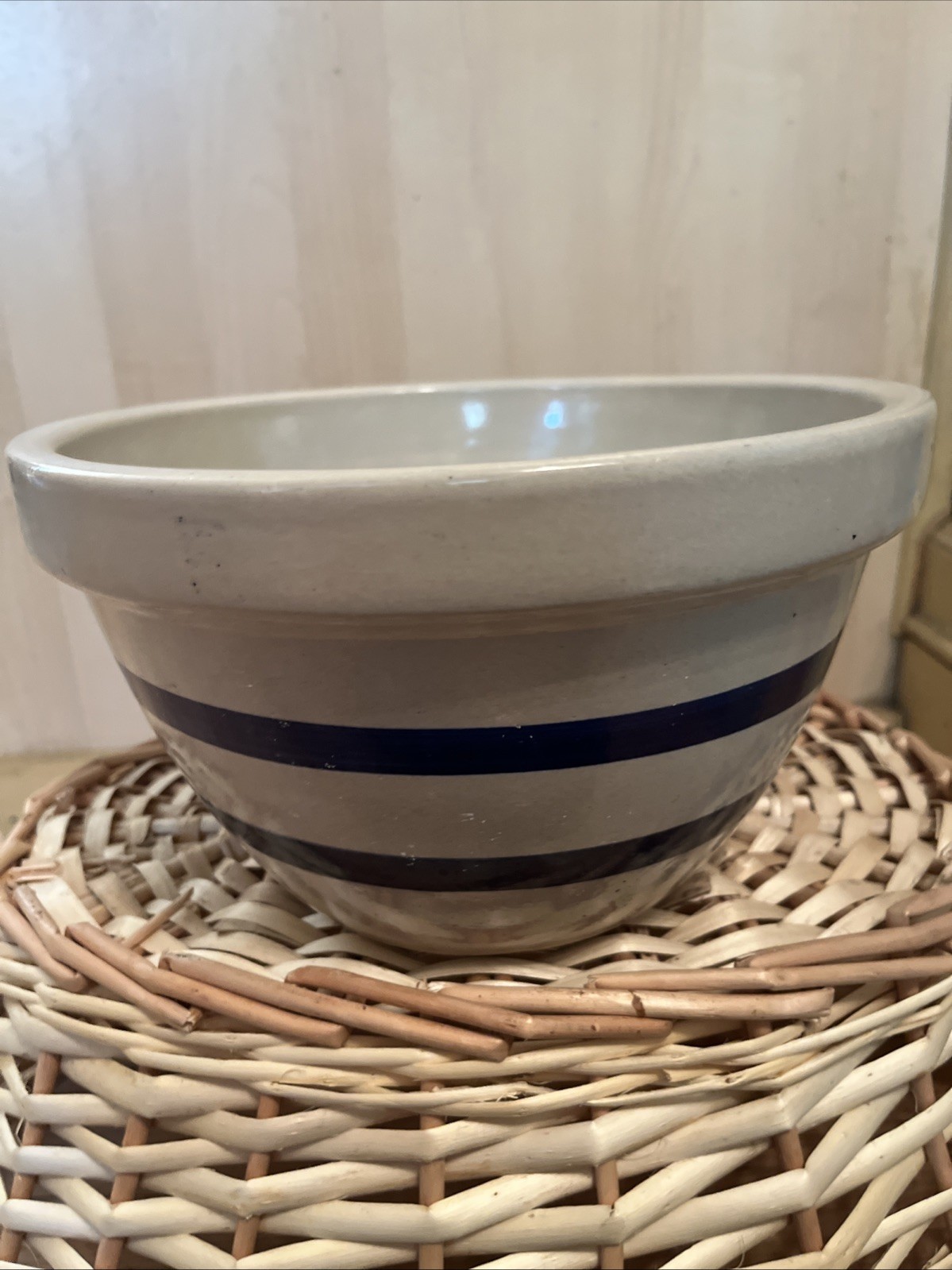 Vintage Robinson Ransbottom Pottery  9.25″ Stoneware Blue Striped Bowl Roseville