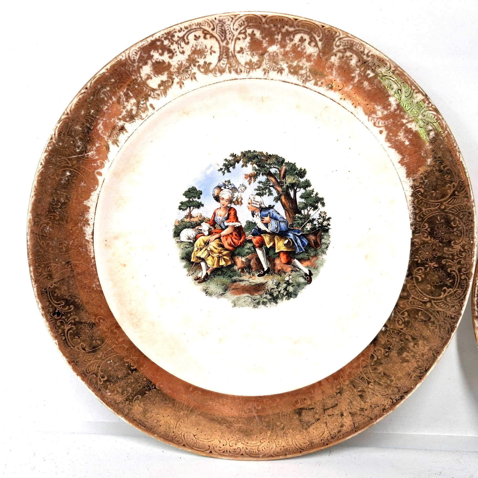 Sabin Crest O Gold Plates 22K Gold Trim Pastoral Scene Vintage China Set