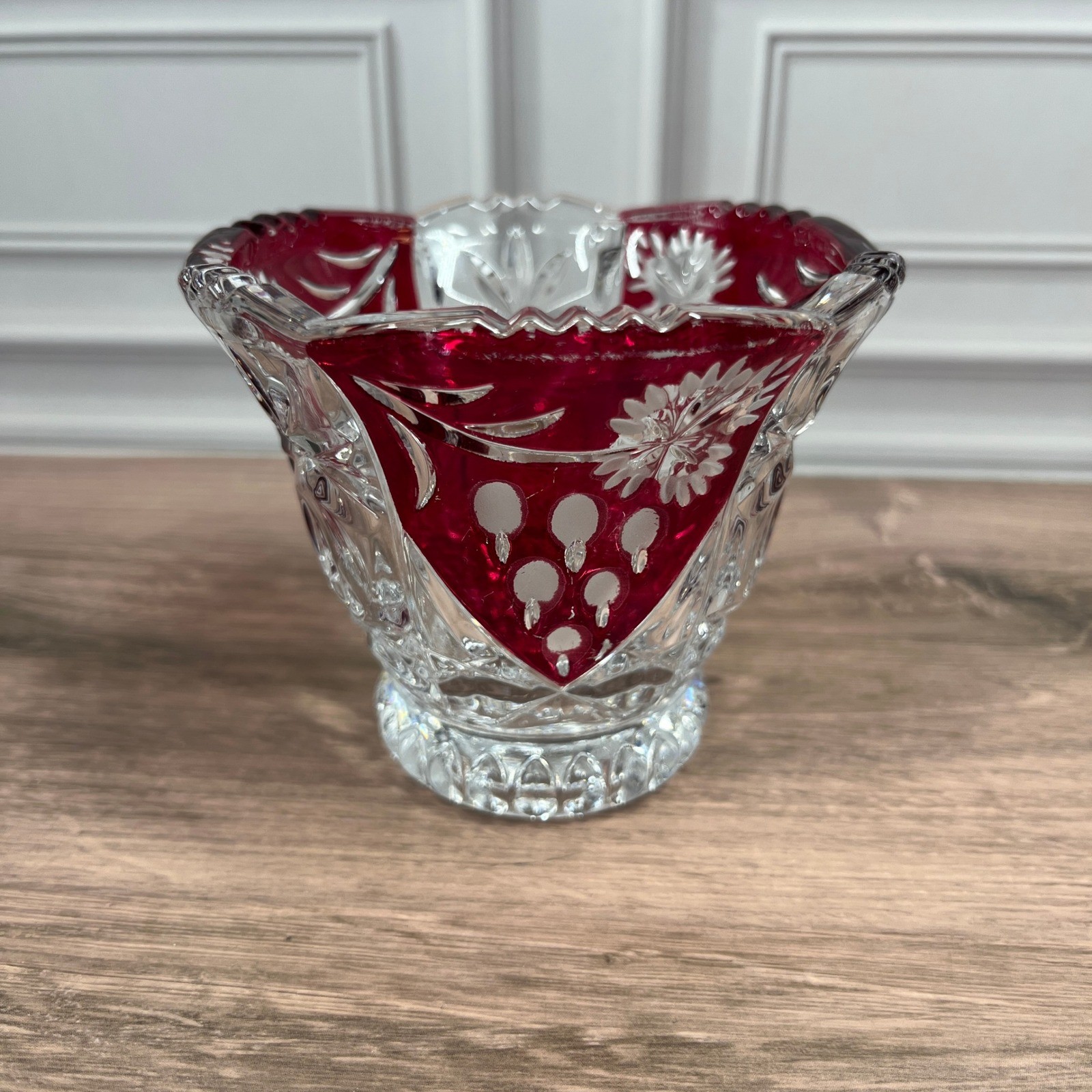 Evita Crystal 3pc Bowl Vase Set Red Clear 24% Lead Crystal Ruby Cut to Clear