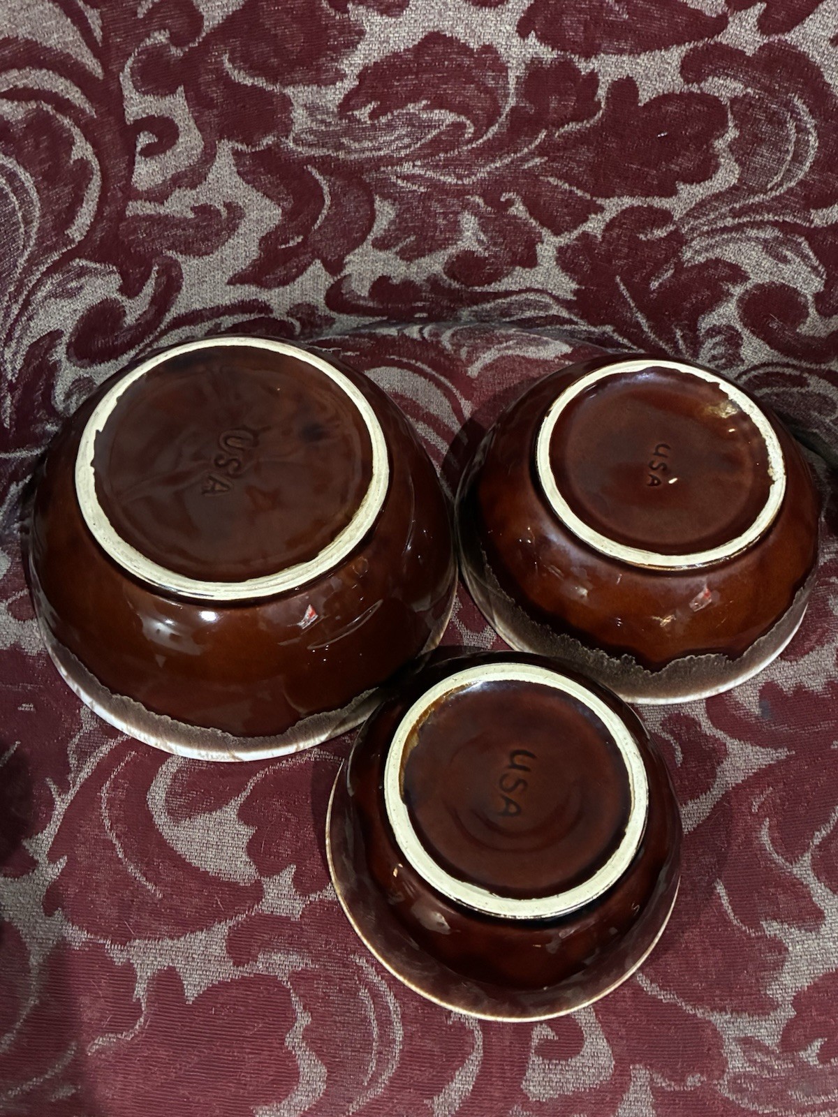 Vintage Nesting Bowls Brown Drip Glaze Stoneware USA Pottery Set Of 3 Mixing