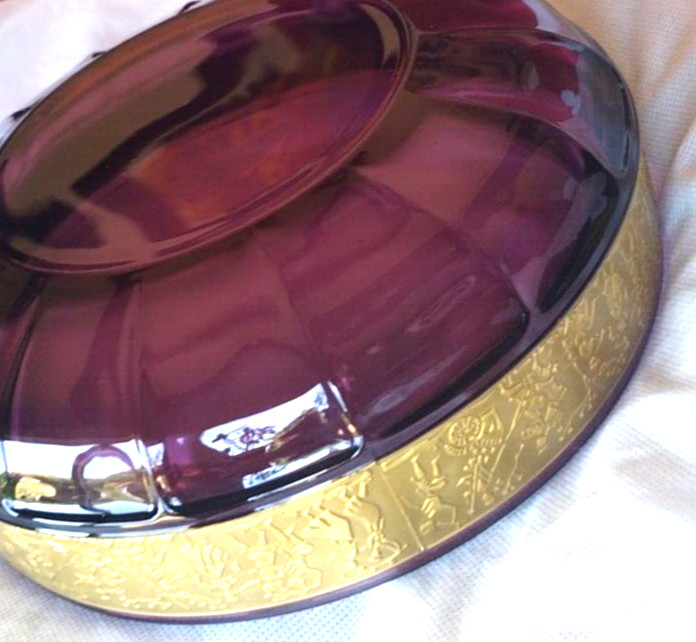 Antique Moser Amethyst Art Glass Bowl W/ Gilded Cameo Frieze 1920s Art Nouveau