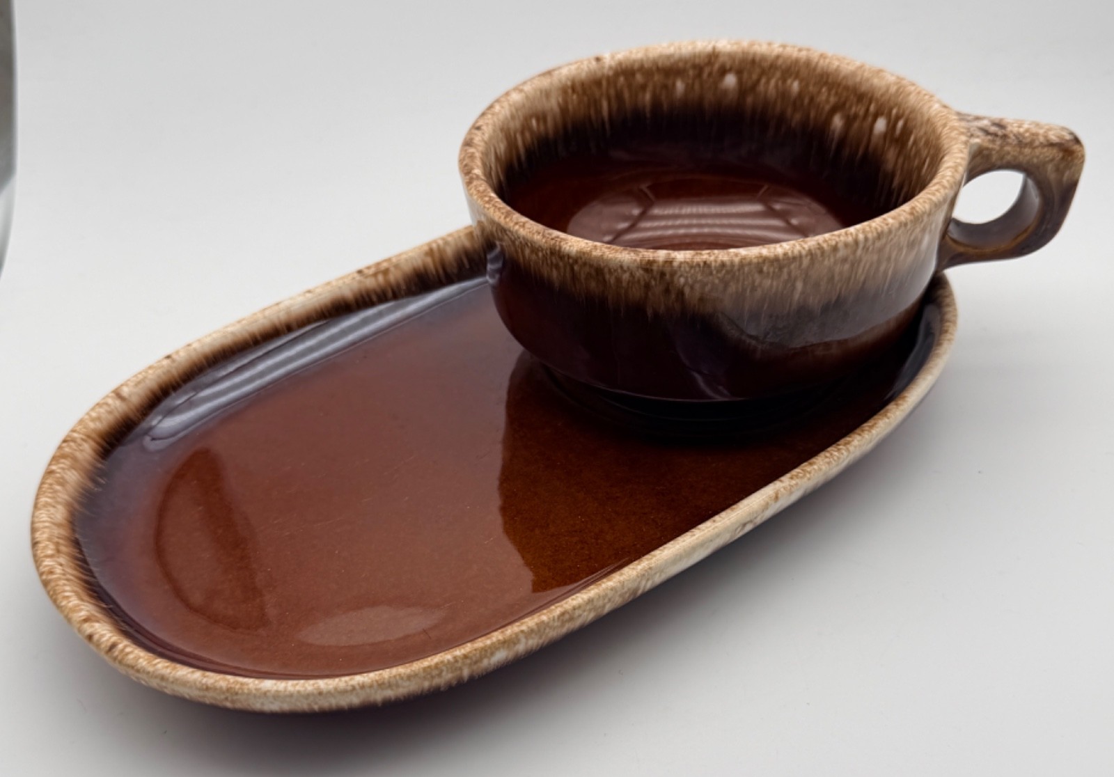 Vintage Hull Pottery Brown Drip Soup Mug Snack Tray Oven Proof Brown 6 Available