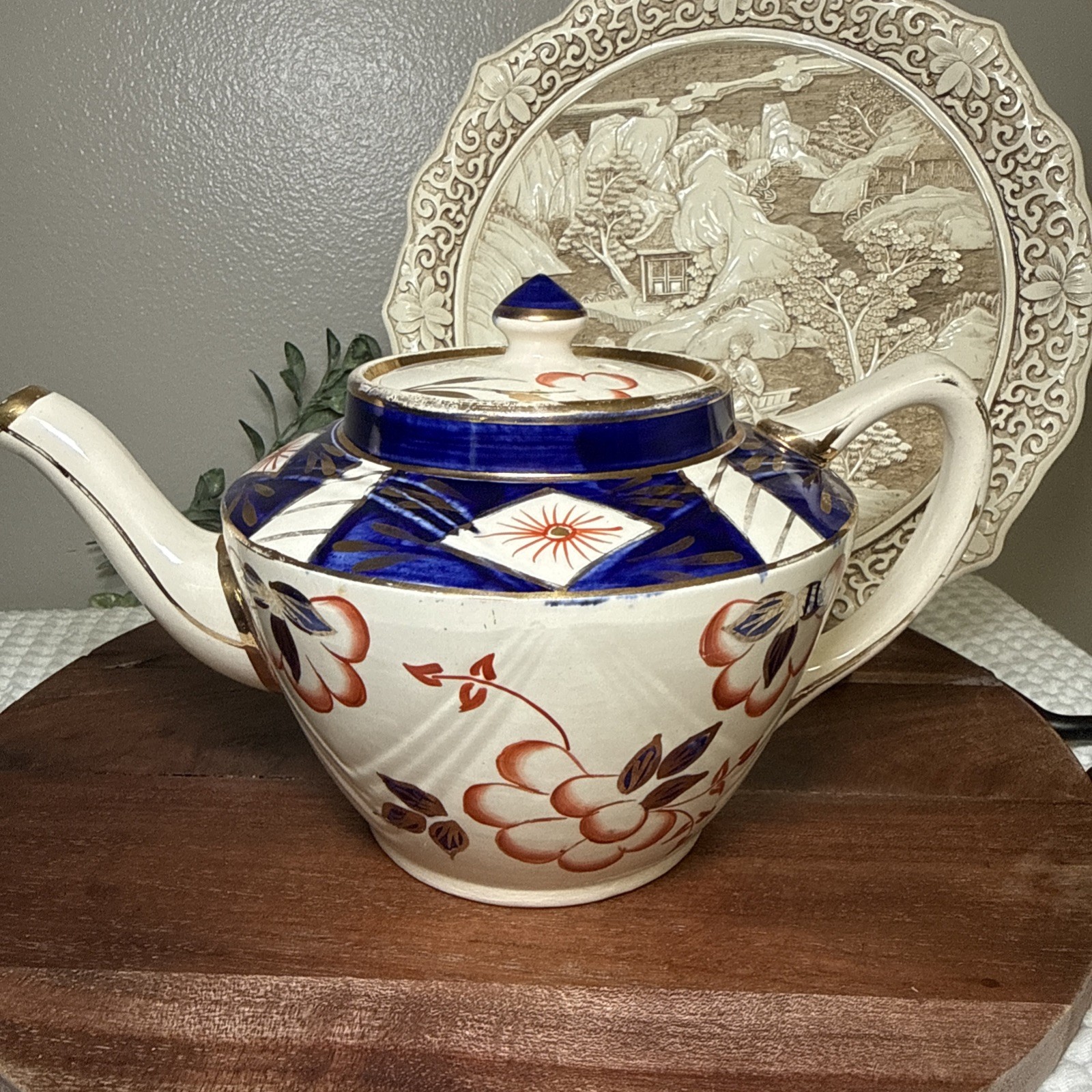 Sadler England Imari Floral Teapot Blue Rust Red Gold 10” Lid Chip Vintage
