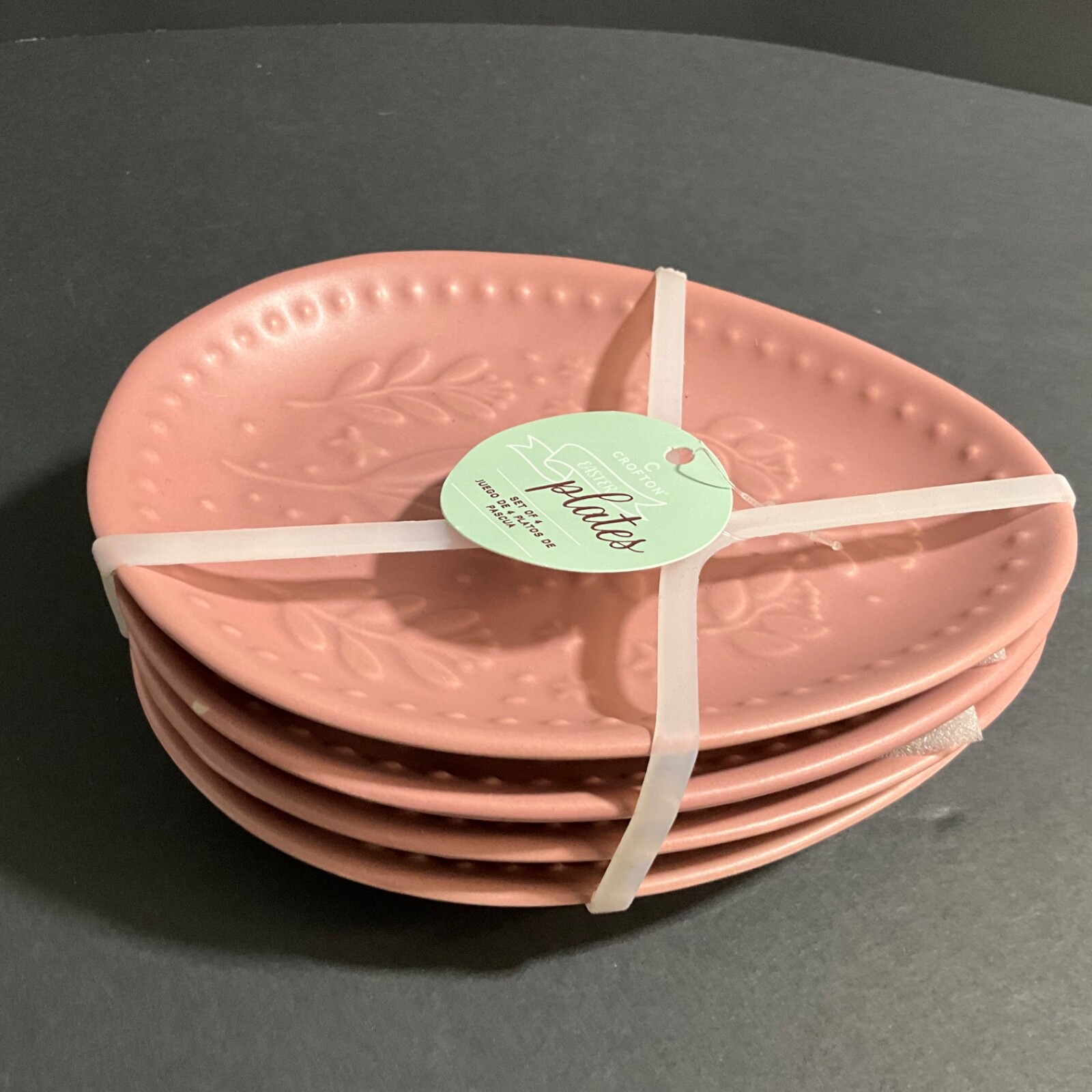 Crofton Stoneware Spring Floral Easter Egg Plates Set of 4 Rose Soft Pink 7×5”
