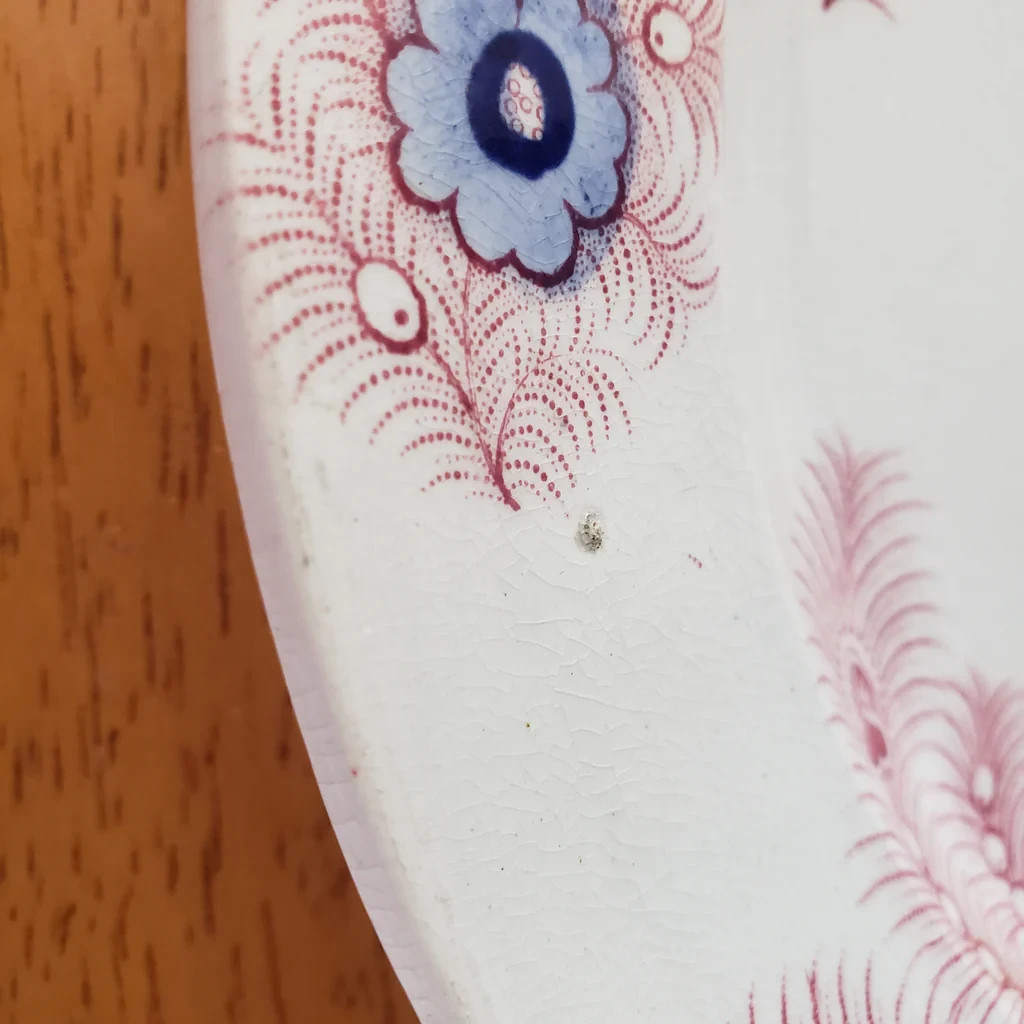 Antique Pink Feather Transferware Polychrome Plates 9” Set of 2 Wood & Challinor