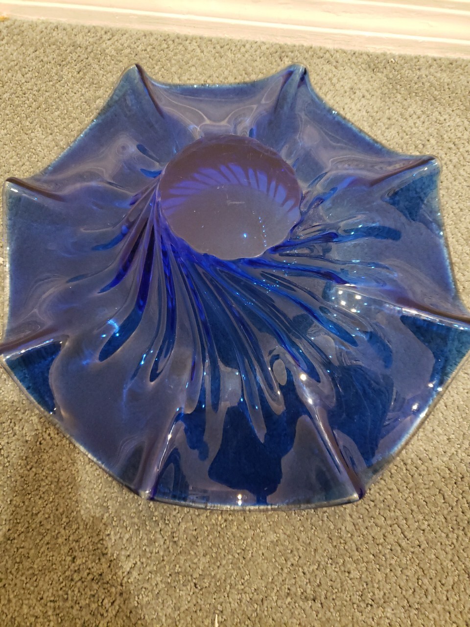 Murano Cobalt Blue Glass bowl Twisted @ Fluted 14inch 5 1/2high 9 pounds 8 sided