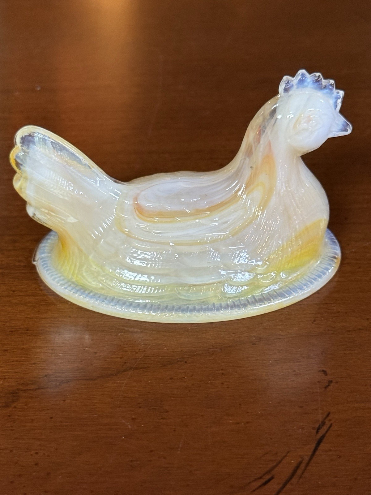 Boyd Glass Hen on Nest #182 Coral Mist 3″ Slag Chicken Salt Cellar UV Glows Vtg