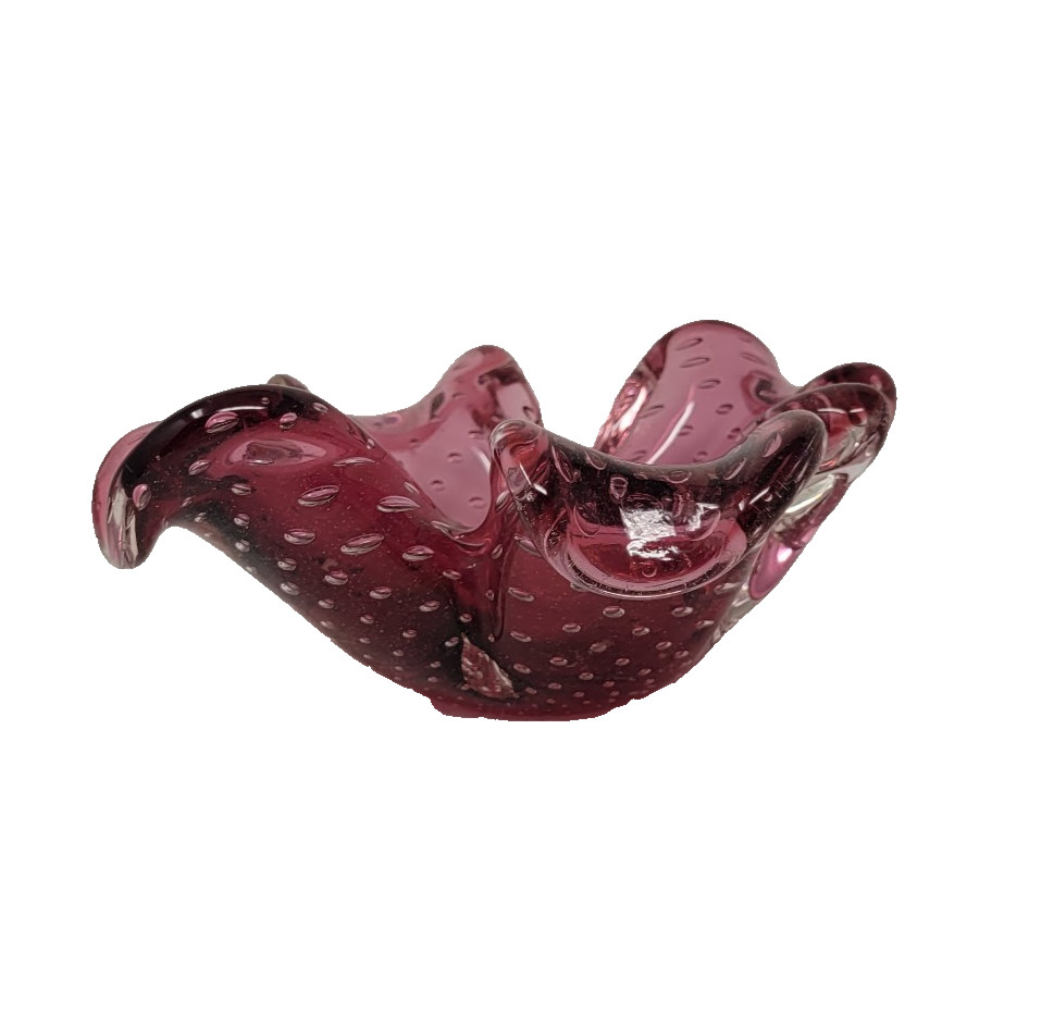 Vintage Mirano Bubble Dish 7″ Dark Pink Hand Blown Bulli Cante circa 1960 1970