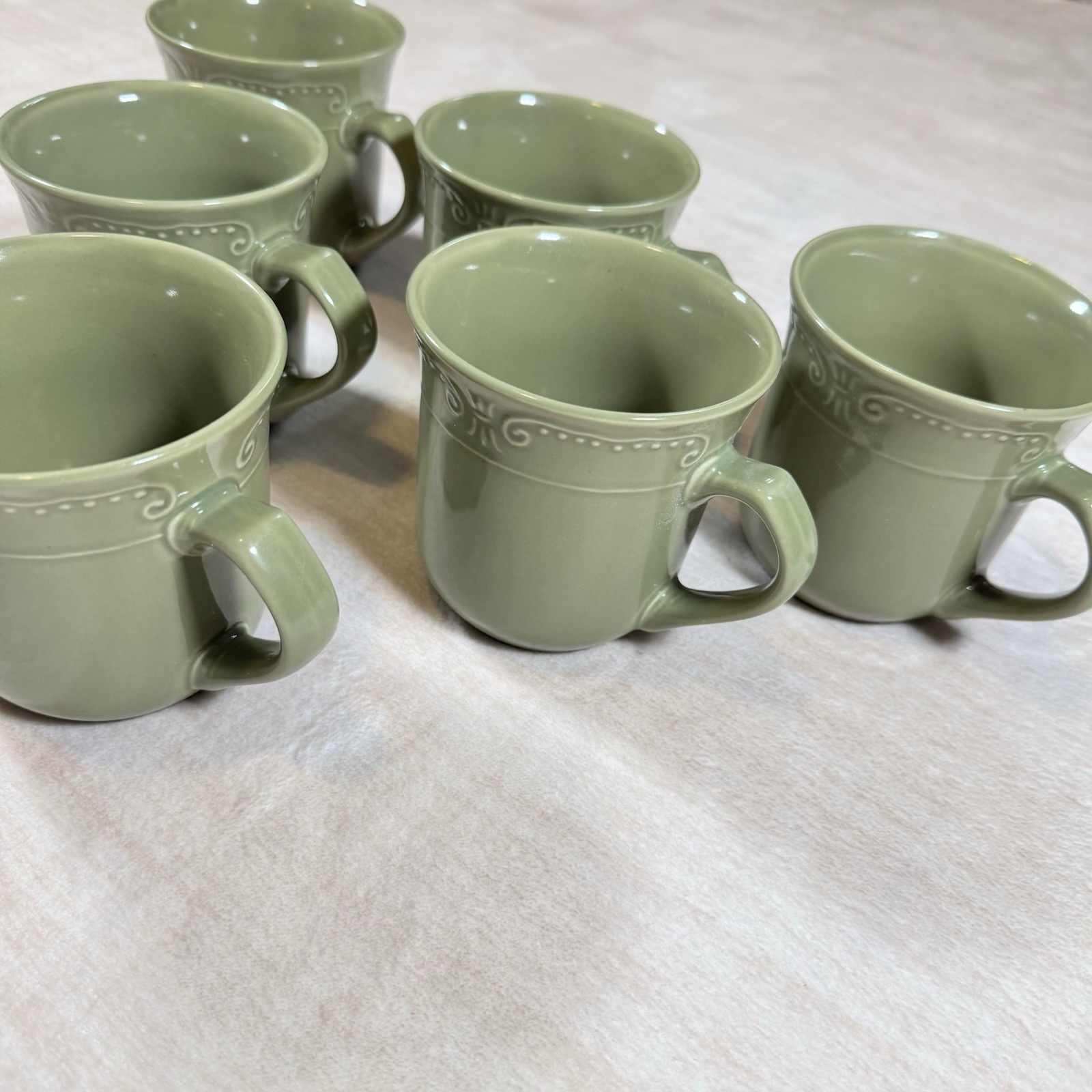 Isabella By Kennex Sage Green Stoneware Coffee Mugs Set of 6 Embossed Retired