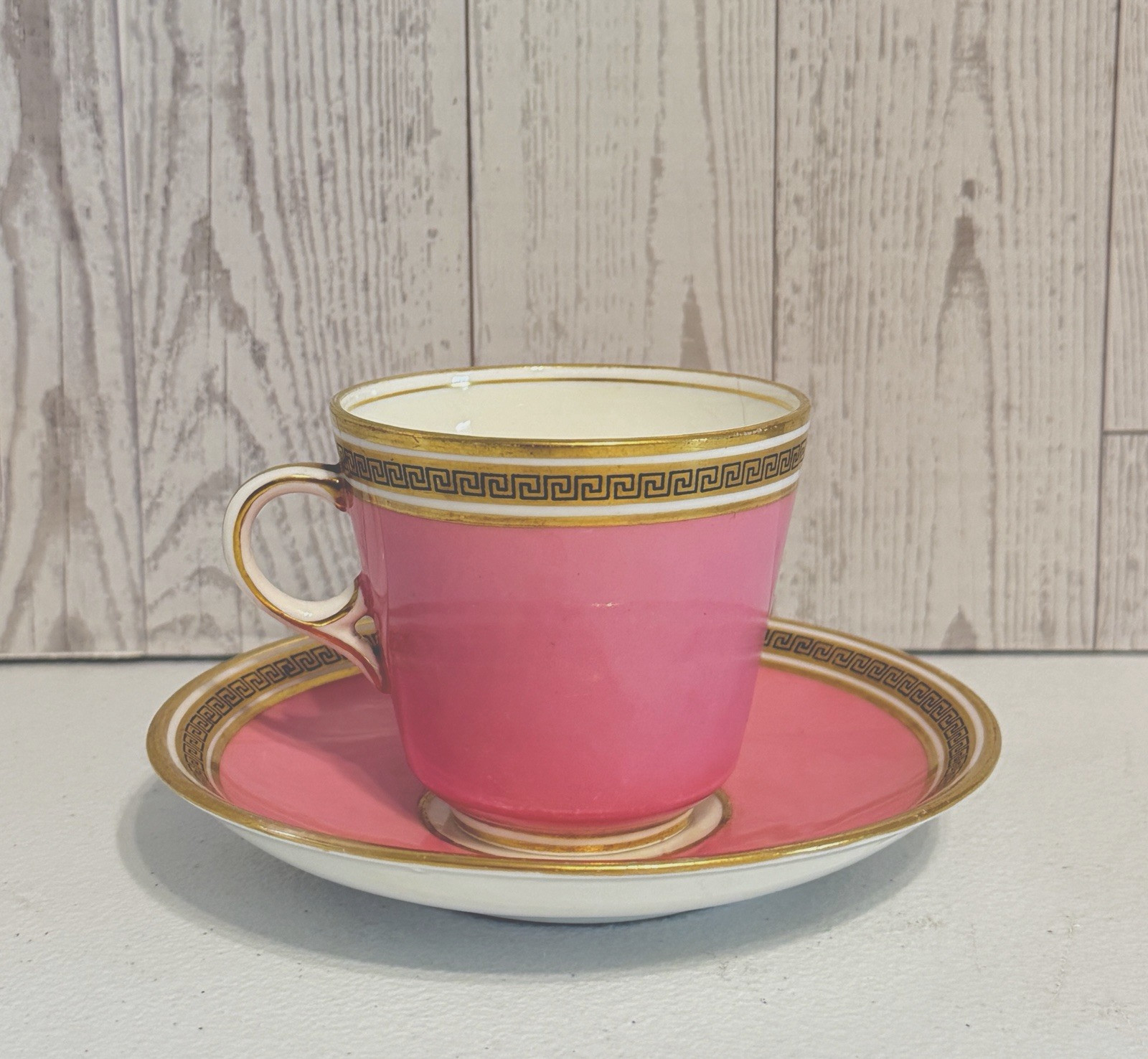ANTIQUE CAULDON PINK SET OF 5 COFFEE TEA CUPS & SAUCERS GREEK KEY PORCELAIN RARE