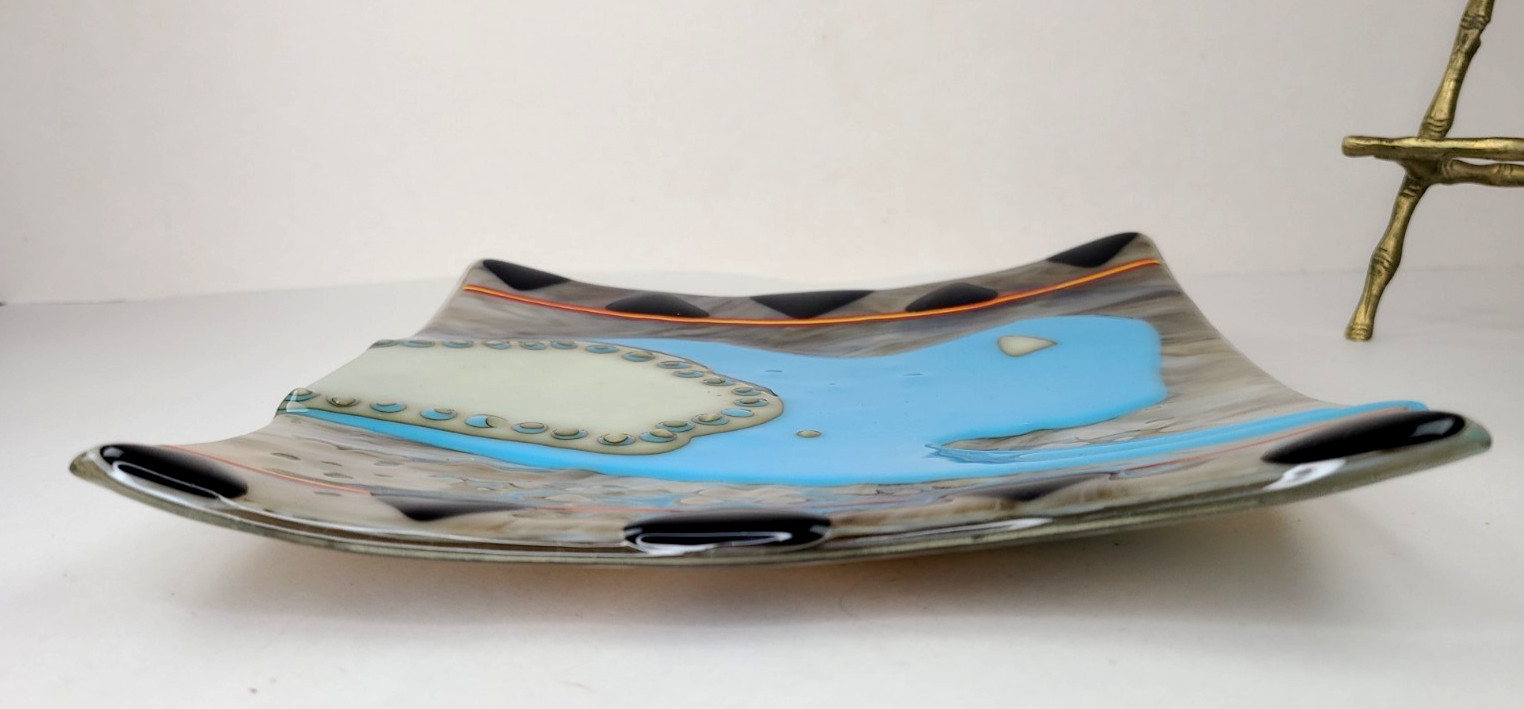 Handmade Fused Art Glass Square Decorative Plate Blue Southwest Buffalo abstract