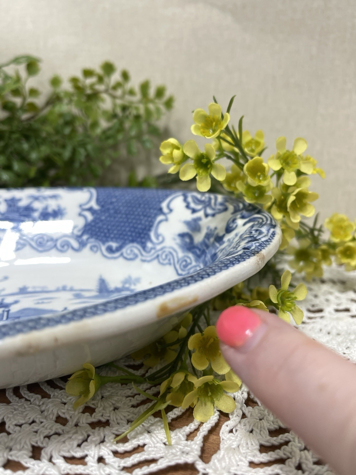 Allertons Chinese Blue Oval Serving Vegetable Bowl Pagodas 9 In OLD Back Stamp