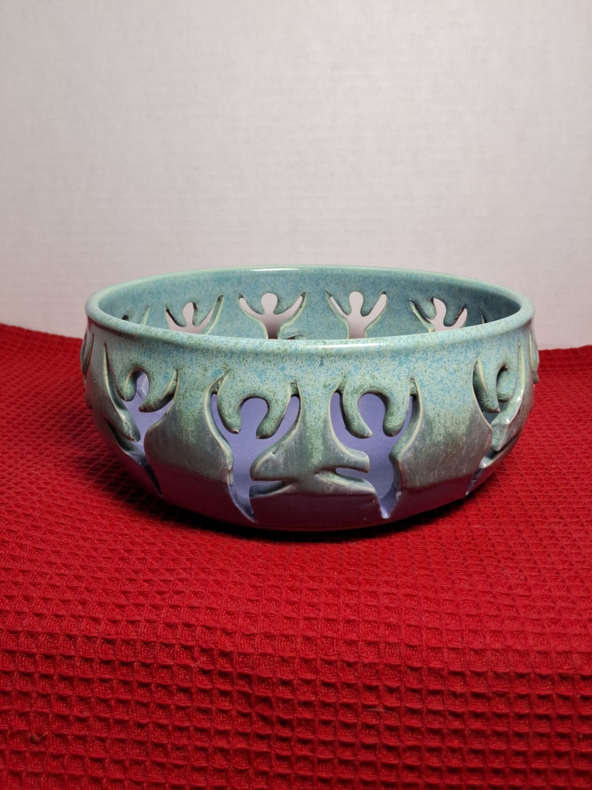 Handcrafted Studio Art Pottery Bowl Dancing Ballerina People Aqua & Purple