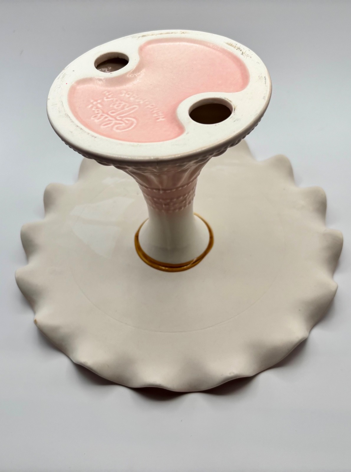 Glitterville Handmade Pink Ceramic Ruffled Pedestal Cake Stand 7.75″ x 5″