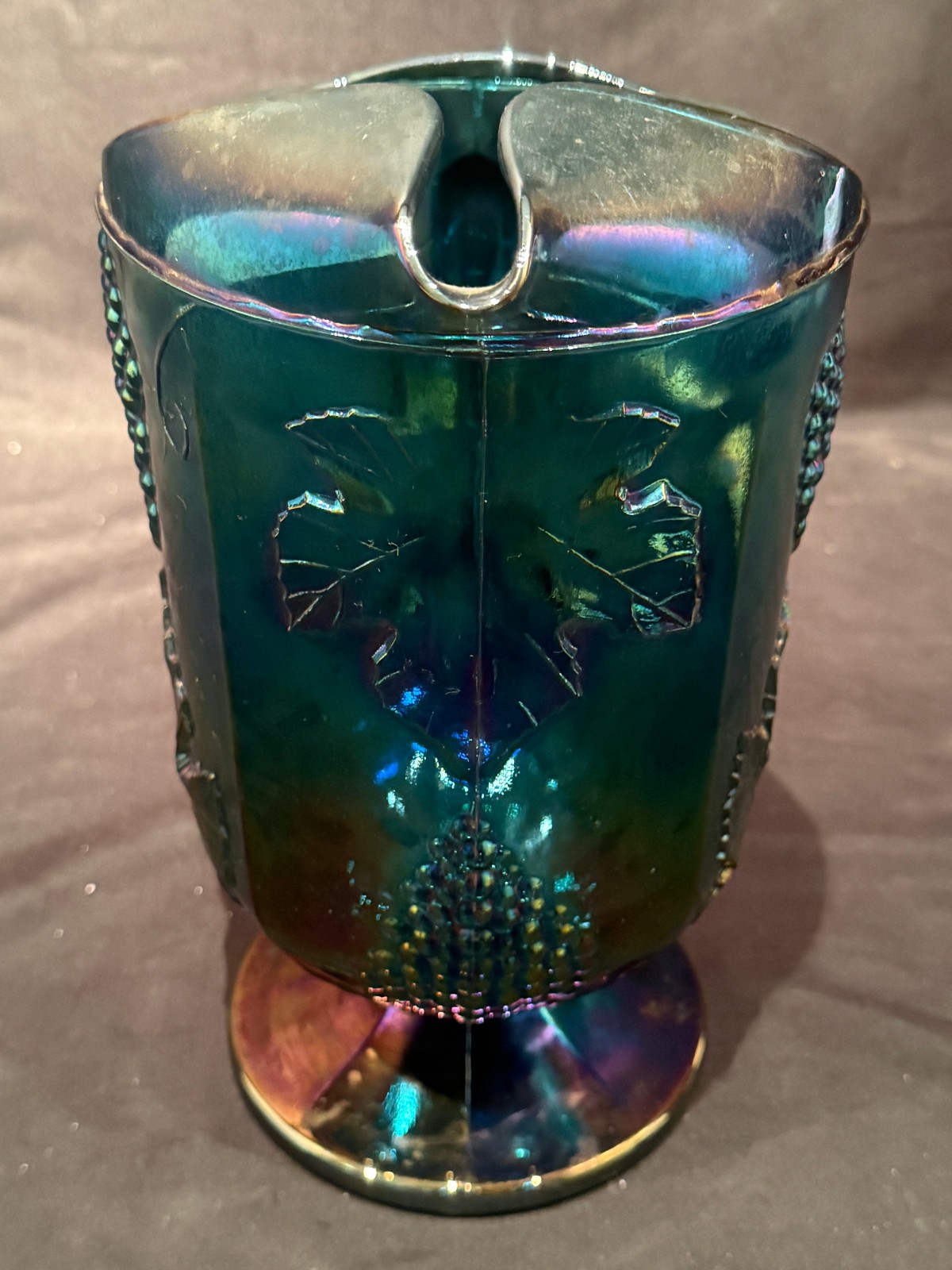 Harvest Grape & Leaf Indiana Art Glass Carnival Iridescent Blue Water Pitcher