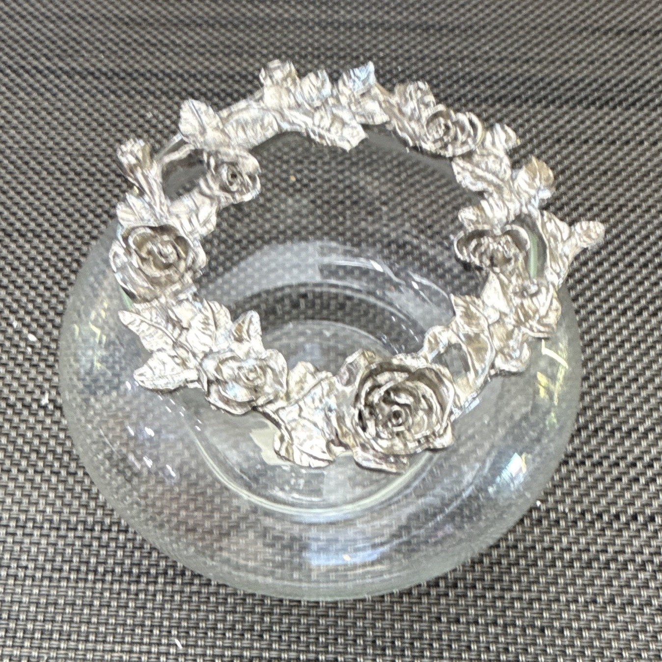 Clear Glass Round Bowl 5 in Floral Pattern Silver-Tone Metal Rim Decorative