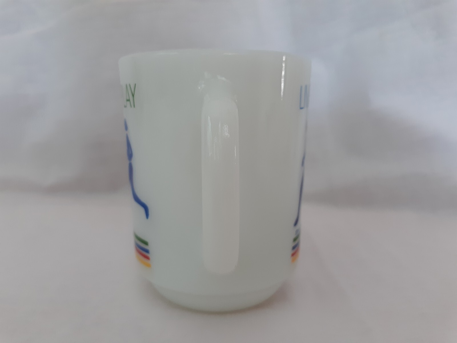 1980 Anchor Hocking FireKing Rainbow Runner Live Love Laugh Play Milk Glass Mug