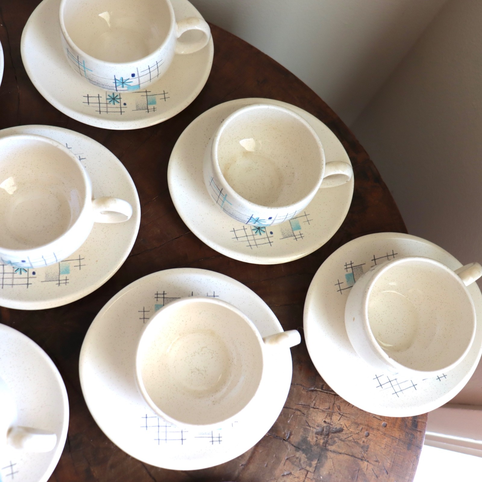 Franciscan Oasis Cup & Saucer 11 Sets Mid-Century Atomic 1950s Coffee Teacup Vtg