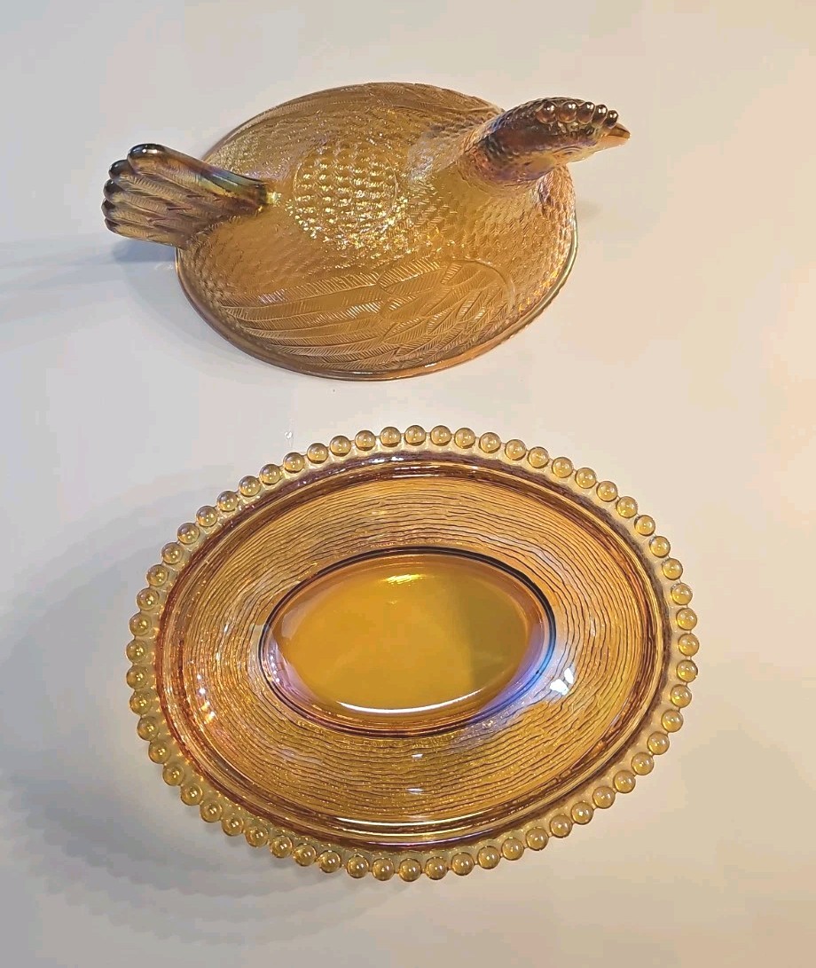 Vintage Indiana Golden Carnival Glass Hen on Nest Dish w/ Lid Oval Beaded Base