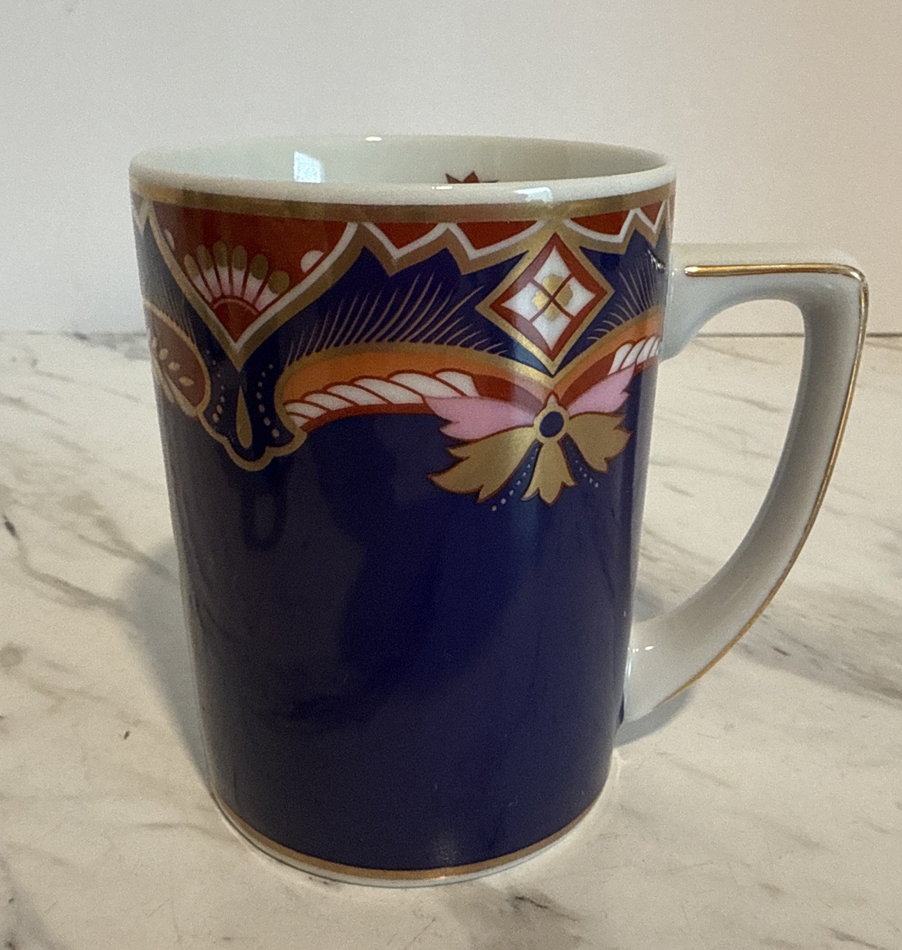 Neiman Marcus Coffee Cup Exclusive Porcelain Blue Rust Pink & Gold Trim Tea Mug