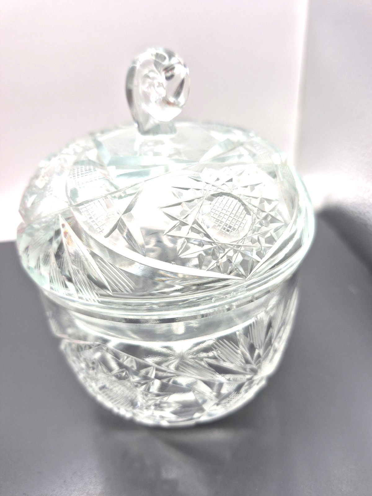 Vintage Clear Cut Lidded Candy Dish Starburst Pattern 6″ Tall EUC