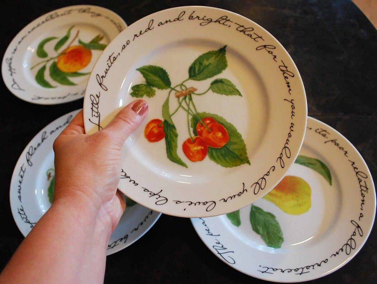 Vintage Set 4 ORCHARD SUITE Williams Sonoma Dessert Plates FRUIT/POETRY 7 7/8″