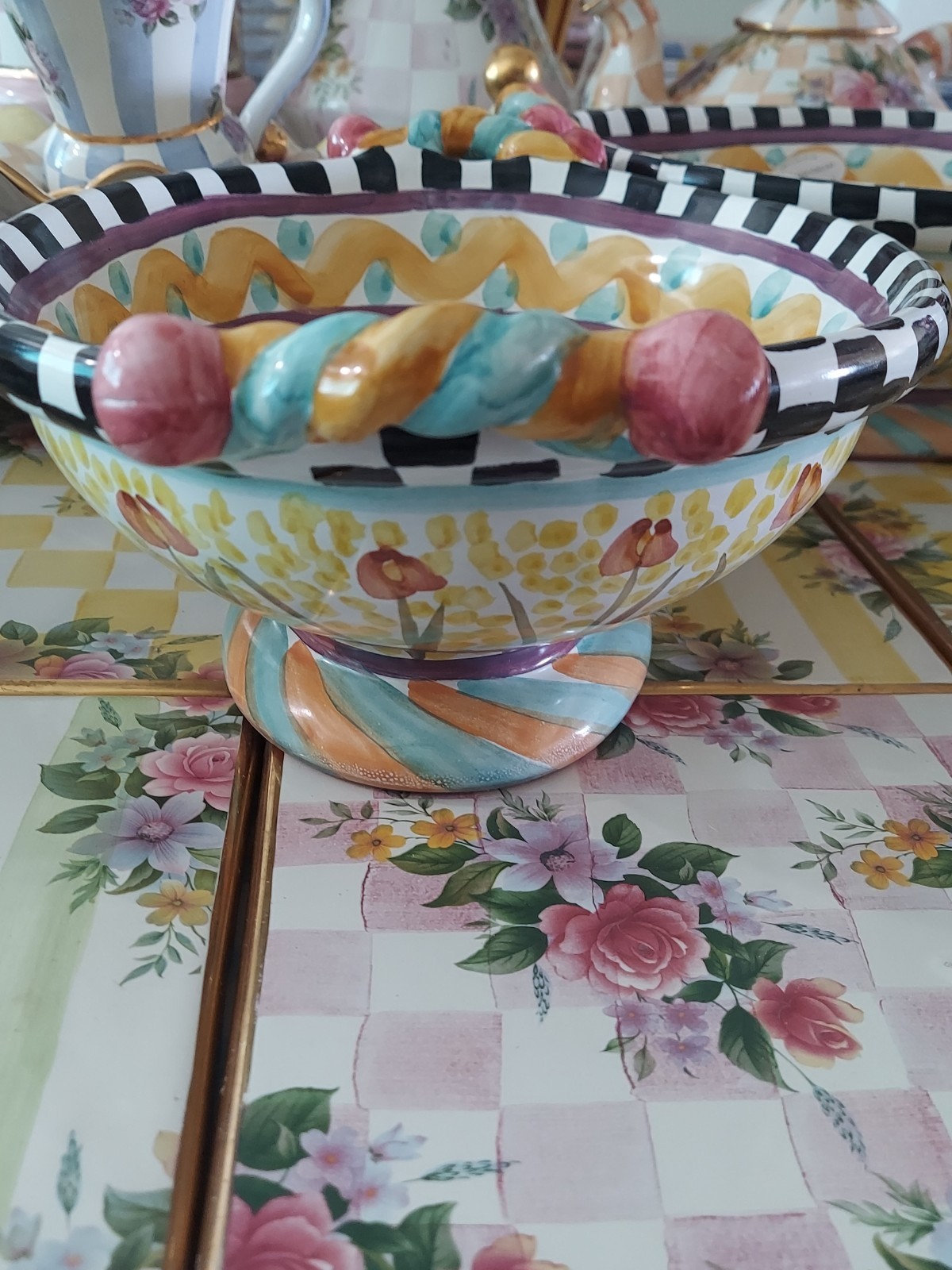 MacKenzie-Childs Taylor Odd Fellows Ceramic Footed Bowl With Courtly Check