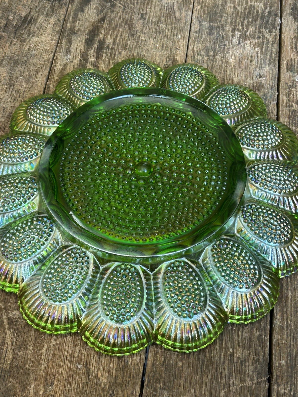 Indiana Glass Iridescent Green Carnival Hobnail Thousand Eye Egg Plate Perfect