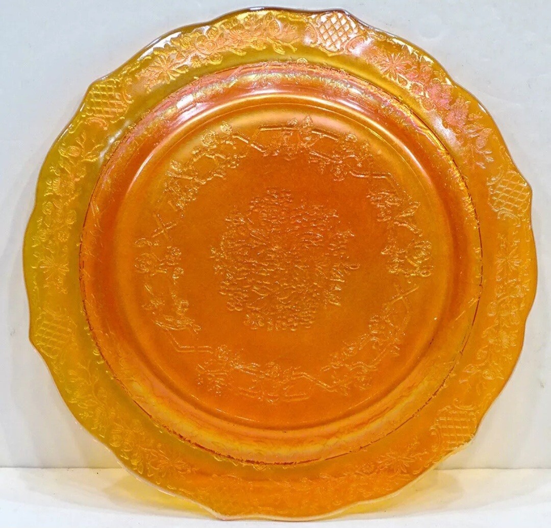 3 Vintage NORMANDIE Bouquet Lattice MARIGOLD Carnival Glass DINNER PLATES