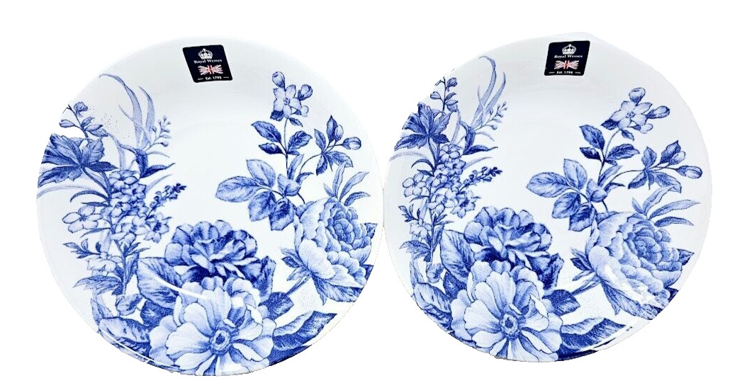 Royal Wessex Blue White Floral Flower 9″ Pasta Bowl 2 Plates New