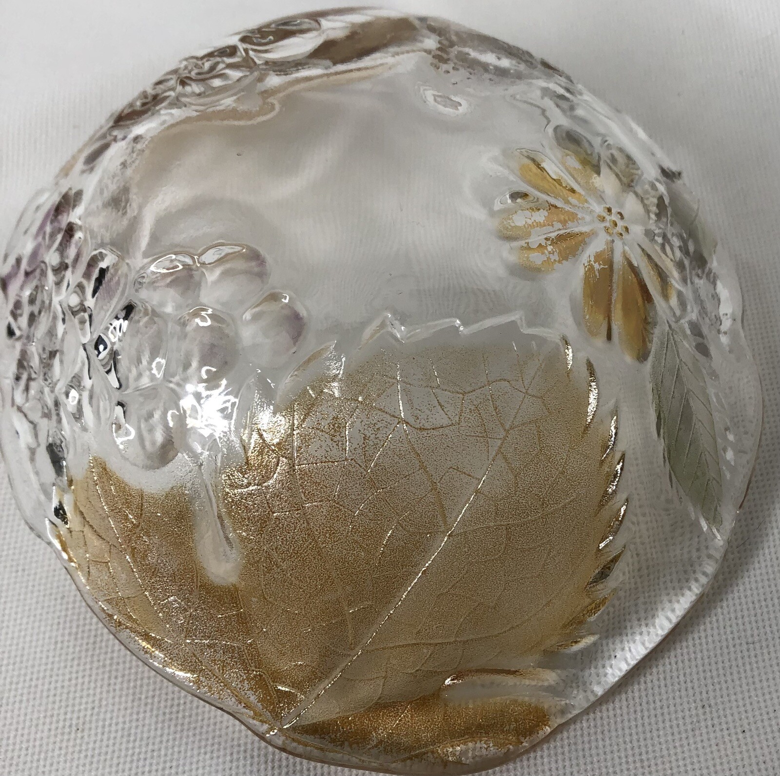 Beautiful Small Glass Candy Trinket Dish with Fruit and Leaves