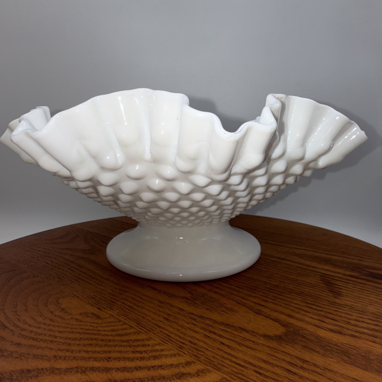 Vintage Fenton 10” White Milkglass Hobnail Serving Bowl with Ruffled Edge