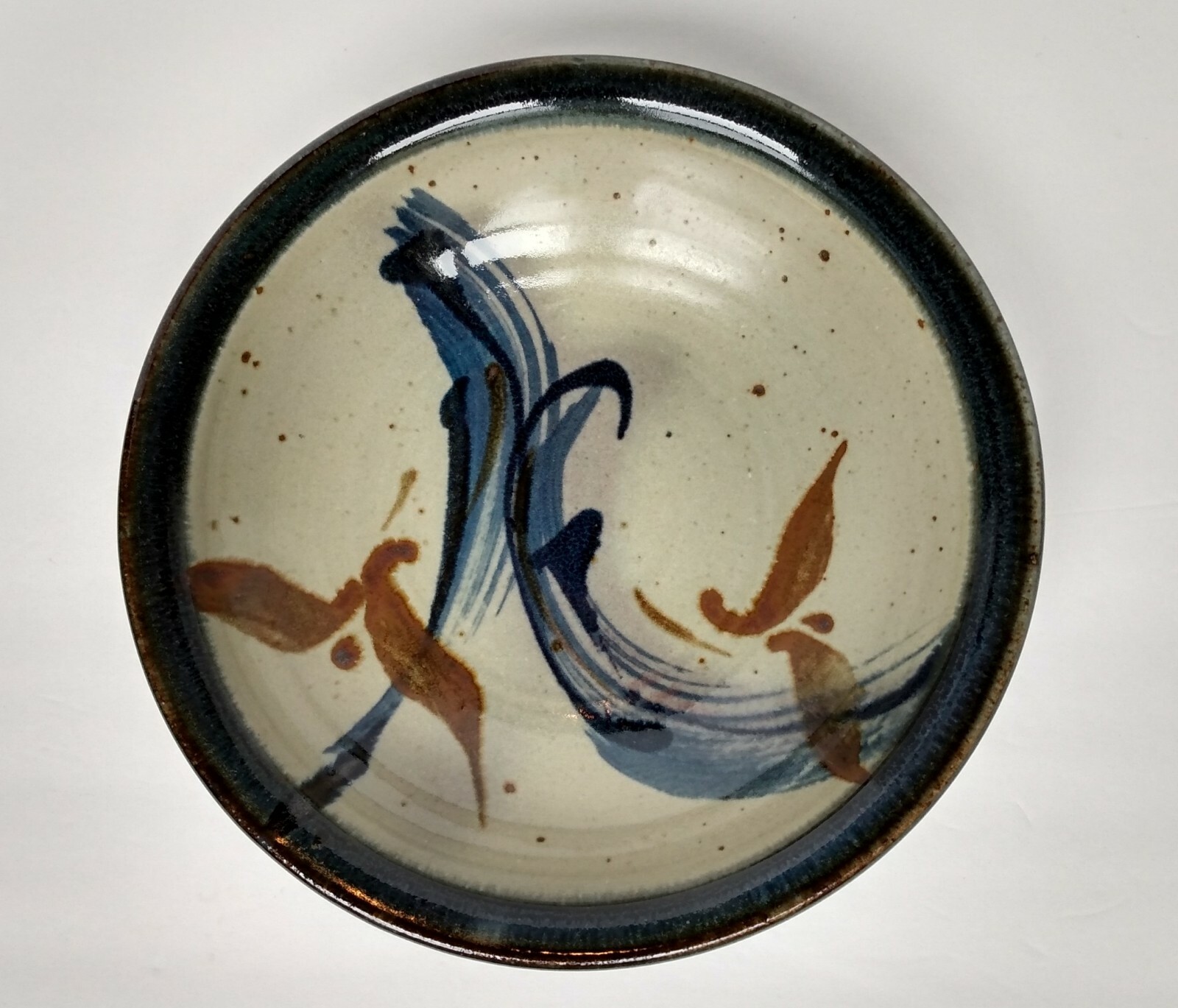 Medium Ceramic Stoneware Earthenware Bowl Dish Plate Blue Brown Rustic, Signed