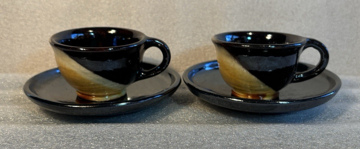 Studio Ceramic Pottery 2 cups & 2 Saucers Hand-Made Black Brown Yellow