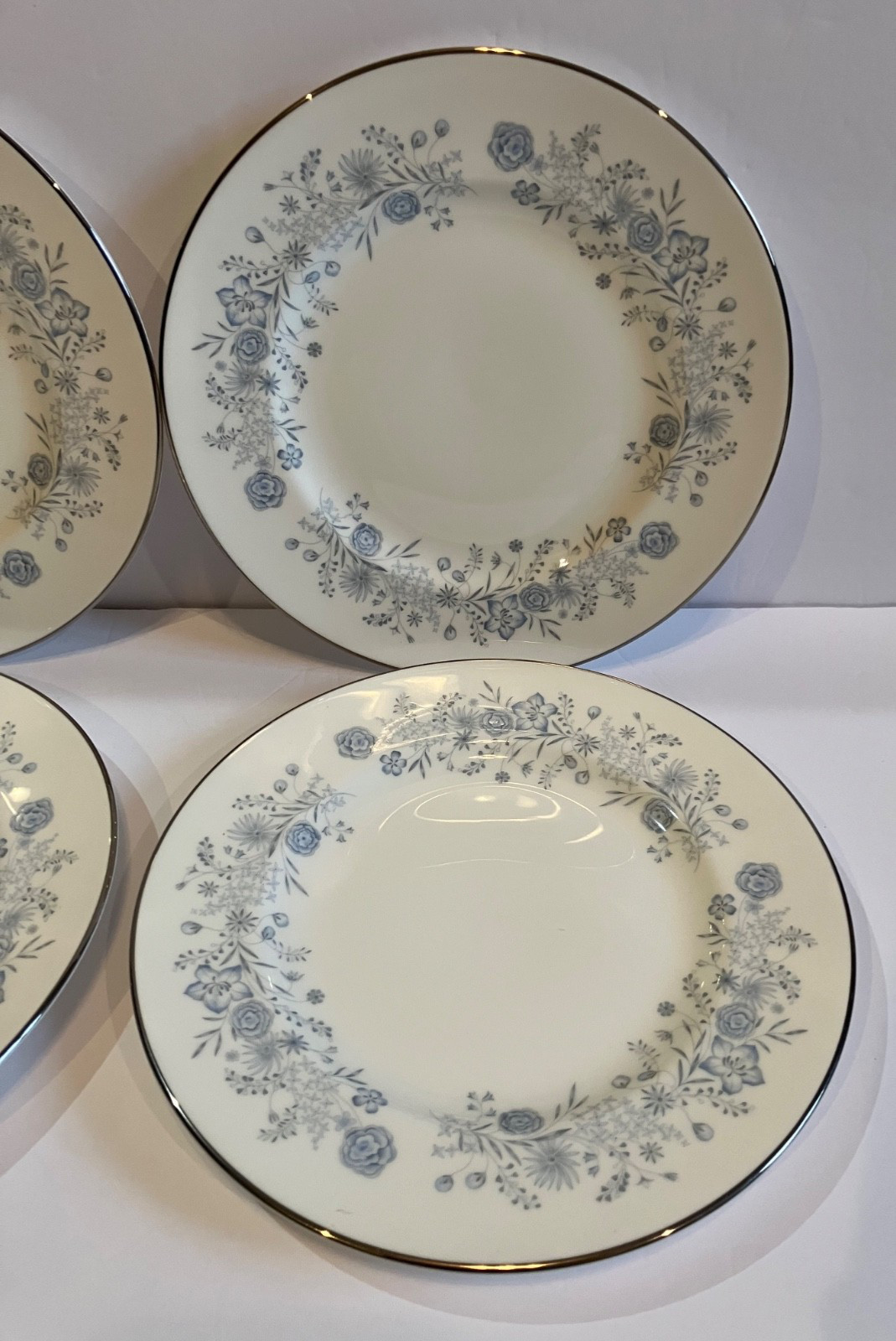 Wedgwood Belle Fleur China Salad Plates 8″ Platinum Edge Blue & White Set of 4