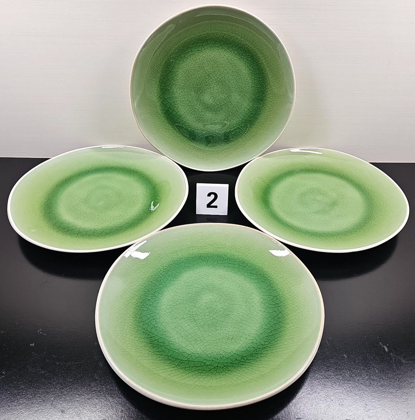 8 Roscher Crackle Glass Green Dinner Plates Set Elegant Stoneware Table Dish Lot