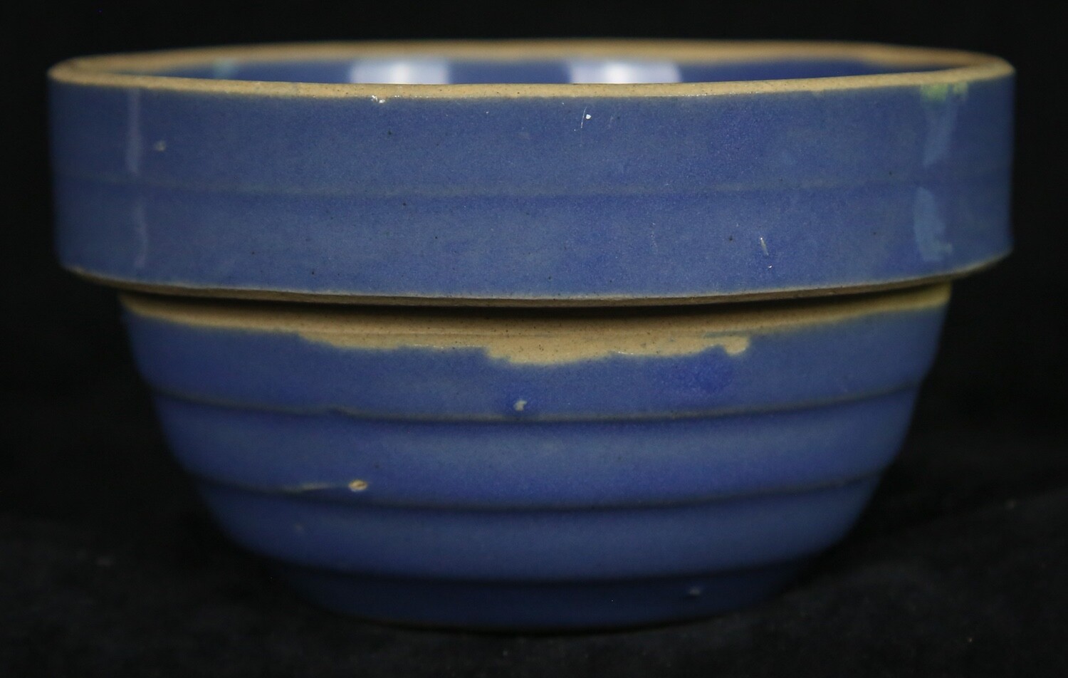 Vintage Yellow Ware Cobalt Blue Nesting Bowl w/ Beehive Sides 5” Wide USA