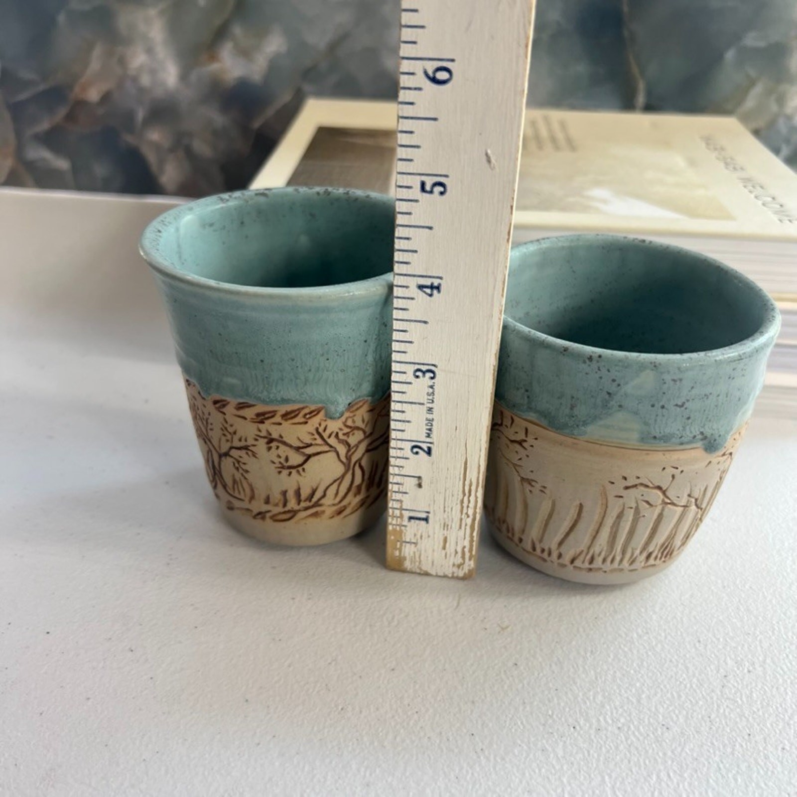 Unmarked Stoneware Tumbler Cups Speckled Blue Etched Tree Design Set of 2
