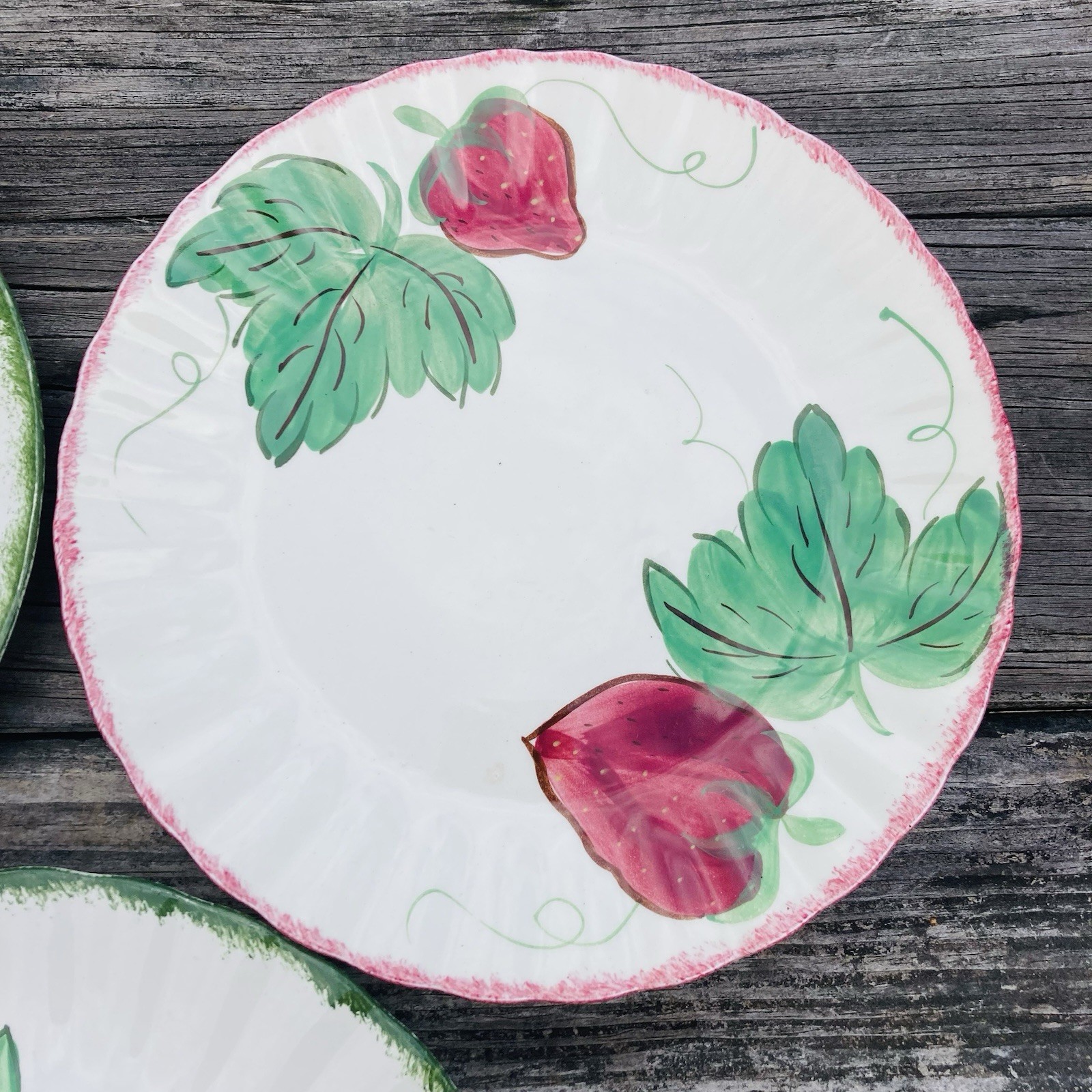 3 Blue Ridge Southern Potteries Wild Strawberry Colonial Green & Red Rim Plates