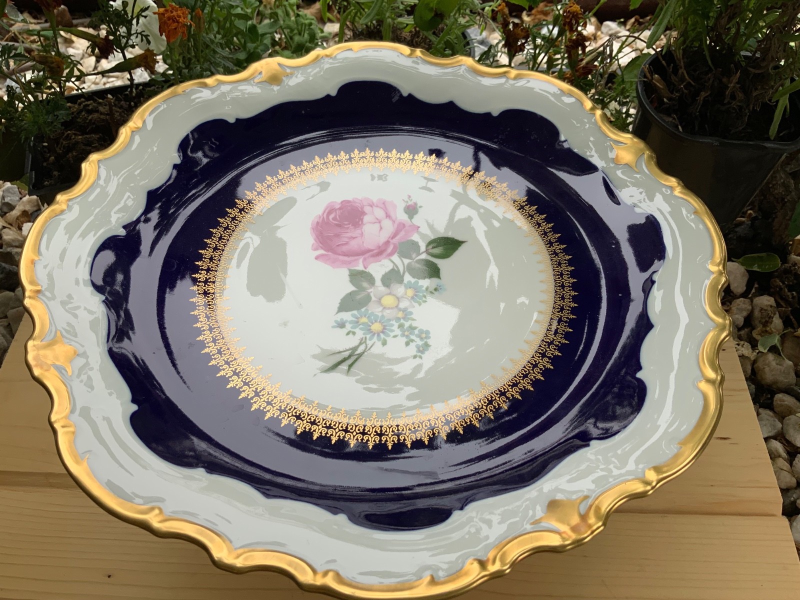 Vintage Reichenbach Echt Kobalt Cobalt Blue Footed Cake Plate Tray AS IS