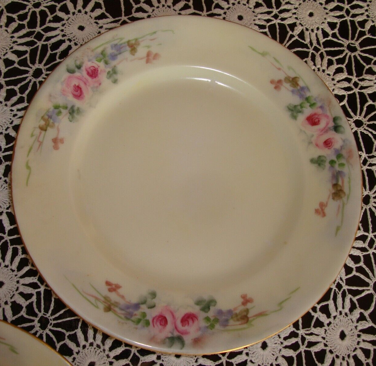 HAND PAINTED UNMARKED LIMOGES SET OF 6 DESSERT PLATES AND A DOME, ROSES & GOLD
